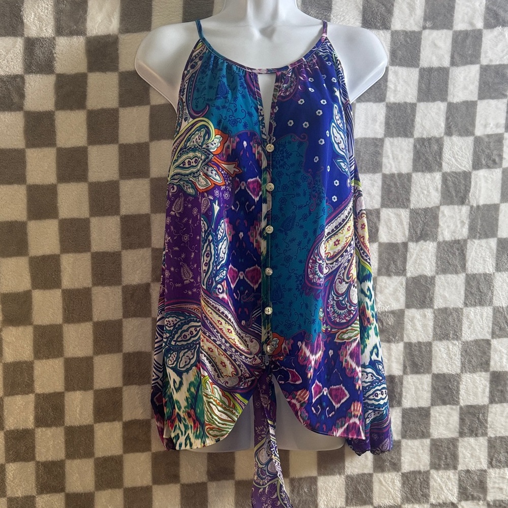 Chicos Women’s Open Shoulder Blue Paisley Button Up Top With Tie Front Size 2X - Picture 2 of 10